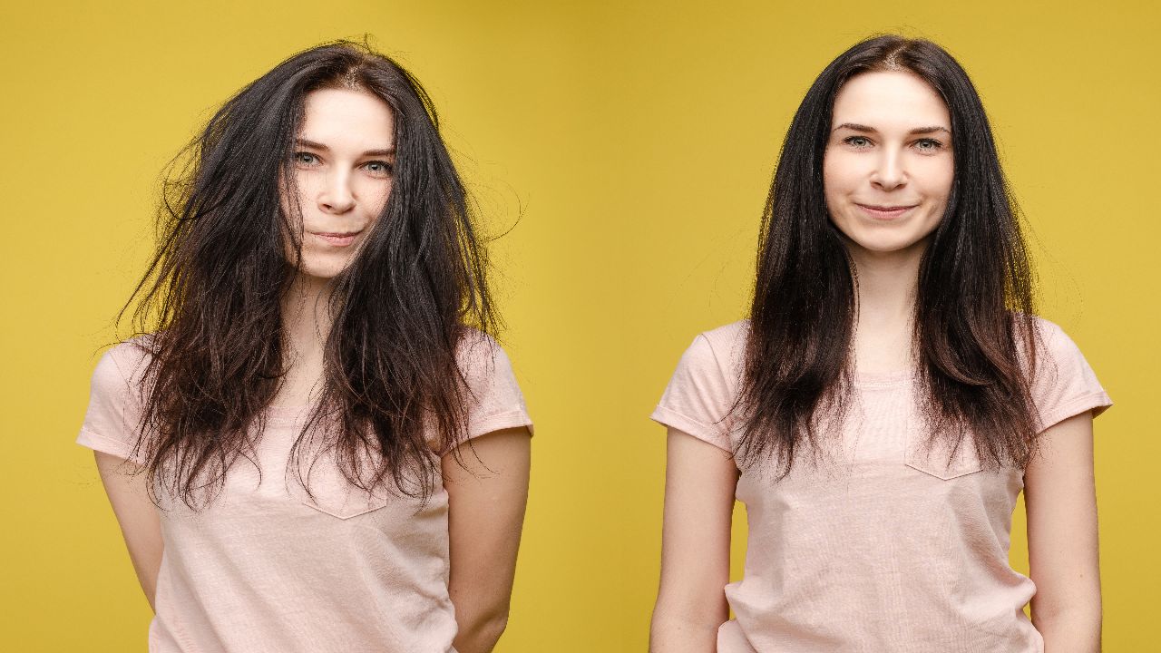 Girl with stubborn gray hair and after shampooing